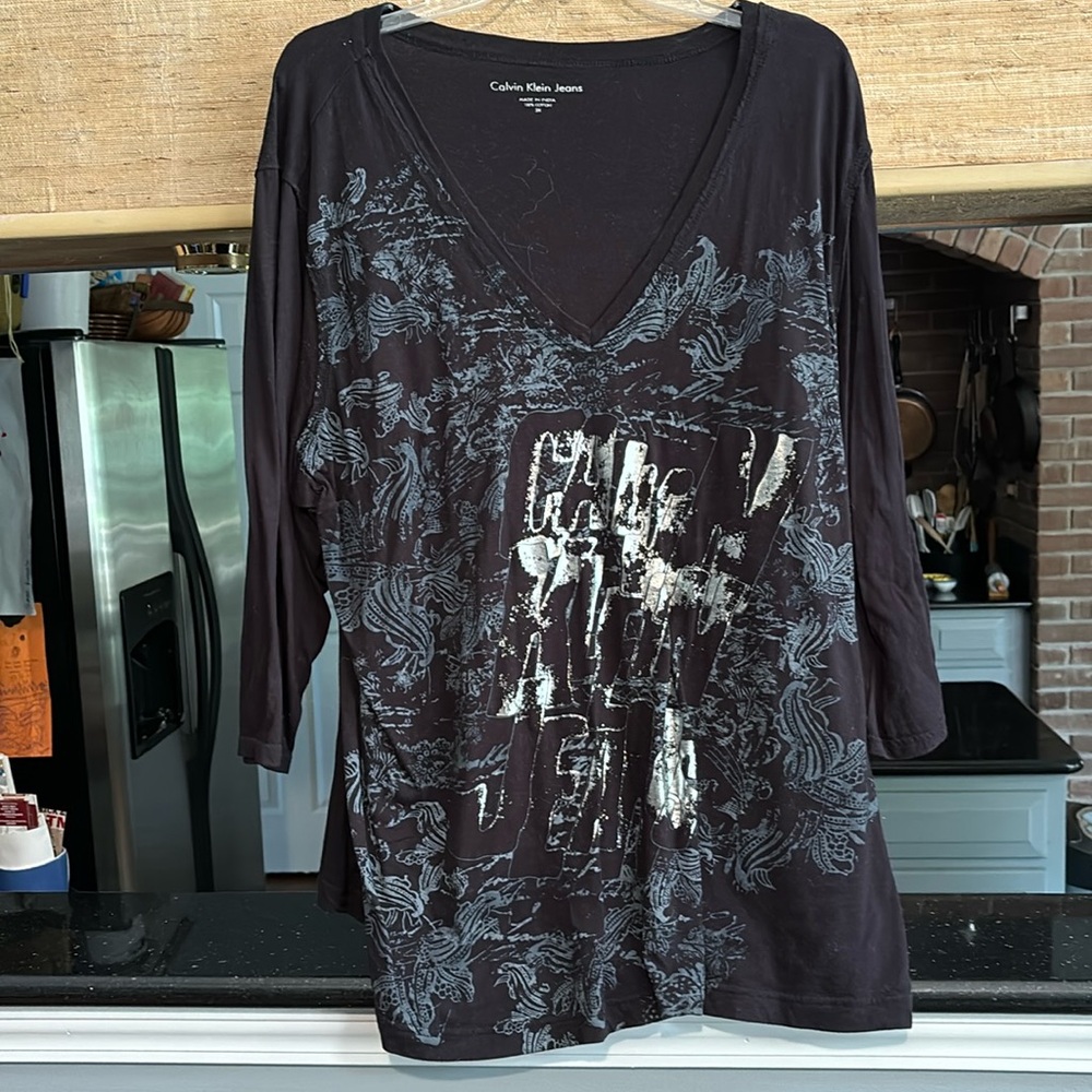 Calvin Klein long sleeve deep v neck silver & blue design on long black top